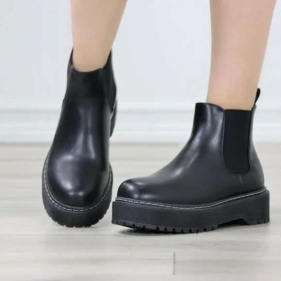 Womens Combat Boots Slip On Platform Chelsea Bootie Chunky Lugged Sole - Picture 5 of 13